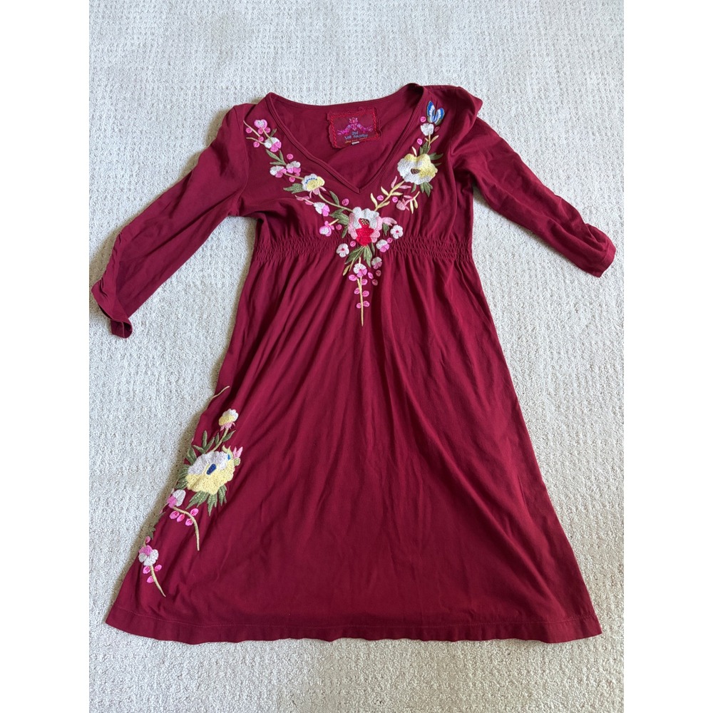 JW Los Angeles Johnny Was Dress Women S Burgundy Boho Floral Embroidered V-Neck